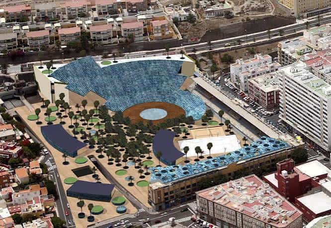 Vista aérea del parque urbano con el estadio Insular y sus zonas ajardinadas