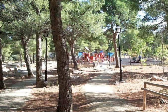 Vista panorámica del área recreativa con zona de juegos infantil y senderos arbolados