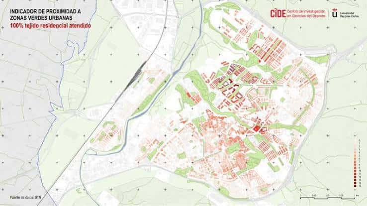 Mapa de zonas verdes urbanas y tejido residencial