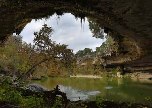 Entrada natural a un cenote rodeado de vegetación y rocas