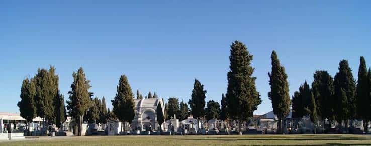 Vista panorámica del Cementerio Municipal de León con césped y cipreses