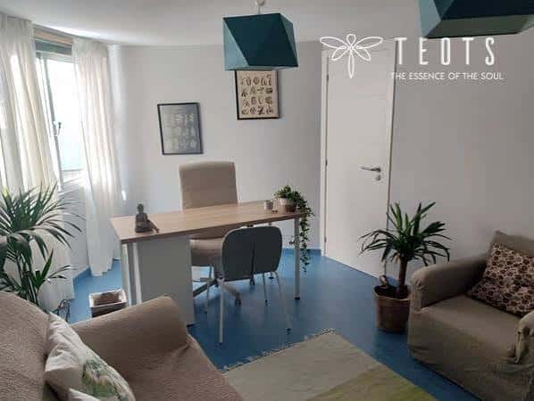 Espacio de trabajo o consulta con escritorio y plantas