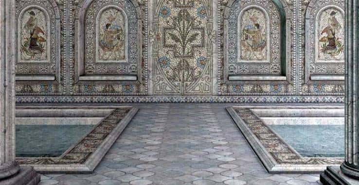 Recreación digital del interior de los baños romanos con mosaicos y columnas