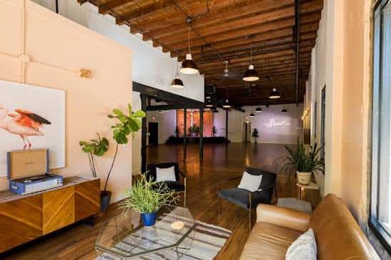 Área de recepción o lounge con decoración moderna y plantas