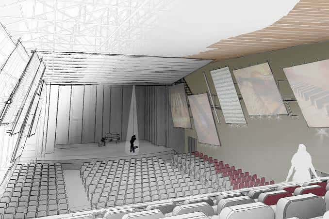 Render arquitectónico del proyecto de reforma del teatro mostrando nueva distribución