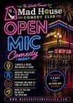 Promoción de la noche de comedia 'Open Mic' con iluminación neón y lista de reglas para participantes