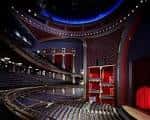 Interior del auditorio principal con butacas rojas, escenario iluminado y techo decorativo con luces azules