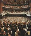 Interior del auditorio lleno durante una actuación orquestal desde la perspectiva del escenario