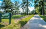 Entrada señalizada de Mason Park con sendero arbolado