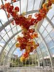 Interior del jardín de cristal con grandes esculturas colgantes naranjas y amarillas
