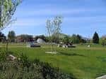 Vista panorámica del parque con césped verde y árboles bajo cielo azul