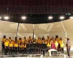 Grupo de estudiantes en el escenario del auditorio durante una presentación