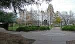 Entrada al parque con camino pavimentado y vegetación