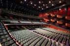 Interior del auditorio con butacas grises y balcones rojos