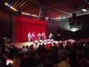 Escenario con cortina roja durante un concierto en vivo ante público sentado