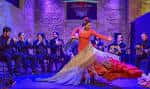 Bailaora de flamenco en pleno espectáculo con vestido rojo y abanico