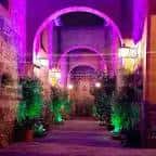 Pasillo iluminado con arcos y plantas decorativas del tablao