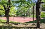 Cancha de tenis en Irving Park rodeada de árboles bajo luz diurna