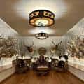Sala interior con monturas de ciervos y decoración temática