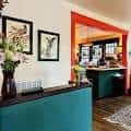 Área de recepción con decoración moderna y detalles en colores vibrantes