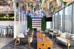 Área lounge moderna con sofás, lámparas colgantes y decoración verde
