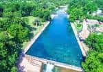 Vista aérea del Barton Springs Pool rodeado de vegetación