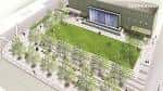 Vista aérea conceptual del parque con césped central y áreas peatonales