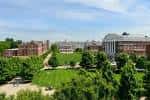 Panorama del campus universitario con arquitectura clásica y cielo despejado