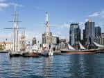 Vista panorámica del Museo Marítimo de San Diego con los buques históricos atracados y el skyline de la ciudad al fondo