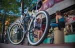Calle animada con bicicletas estacionadas y personas relajándose