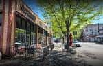 Calle arbolada con edificios históricos y mesas al aire libre
