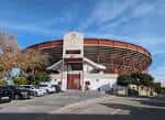 Vista exterior de la Plaza de Toros de Colmenar Viejo con cielo azul y vehículos estacionados