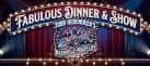 Letrero luminoso de 'Fabulous Dinner & Show' con cortinas rojas al fondo