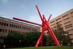 Escultura Clock Knot en primer plano frente a edificios universitarios