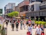 Vista diurna de la calle peatonal principal con tiendas y restaurantes