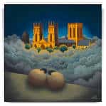 Obra de arte que representa a York Minster iluminado entre nubes