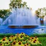 Vista artística de la fuente de Franklin Square con girasoles al frente