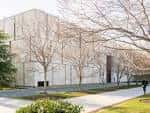 Fachada lateral del museo en un día soleado con árboles sin hojas