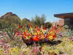 Escultura de vidrio colorido en medio de un lecho de flores y plantas suculentas