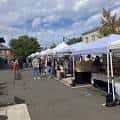 Puestos de venta al aire libre en el mercado con clientes explorando los productos