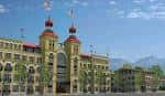 Fachada arquitectónica del edificio principal de Trolley Square con torres y banderas