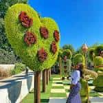 Escultura de topiario en forma de corazón con flores rojas en el jardín
