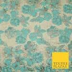 Detalle de tejido floral en tonos turquesa y beige con textura metálica