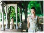 Boda en el Portico Garden: novia bajo el pórtico blanco y pareja bailando en la recepción