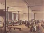 Sala de trabajo o comedor del Workhouse con columnas y ventanas altas