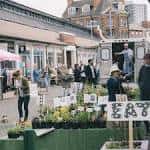 Vista del mercado al aire libre con puestos de plantas y personas caminando