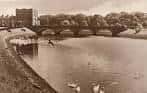 Vista histórica del río y puente en Ormeau Park con patos en el agua