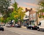 Vista de la calle principal del distrito comercial de Chestnut Hill con edificios históricos y árboles en otoño