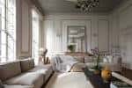 Sala de estar elegante con decoración clásica y grandes ventanales