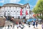 Fachada principal del teatro con banderas rojas y visitantes caminando por la plaza frente al edificio